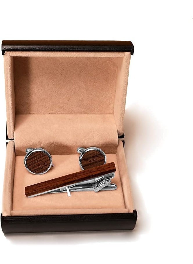 YelaJoy Tie Clip and Cufflink Sets 2 inch for Men Tie Clips Sets for Men Wood Inlay Ties Clip & Round Cufflinks with Gift Box Ties Clips Set for Formal Business Wedding - Image 2